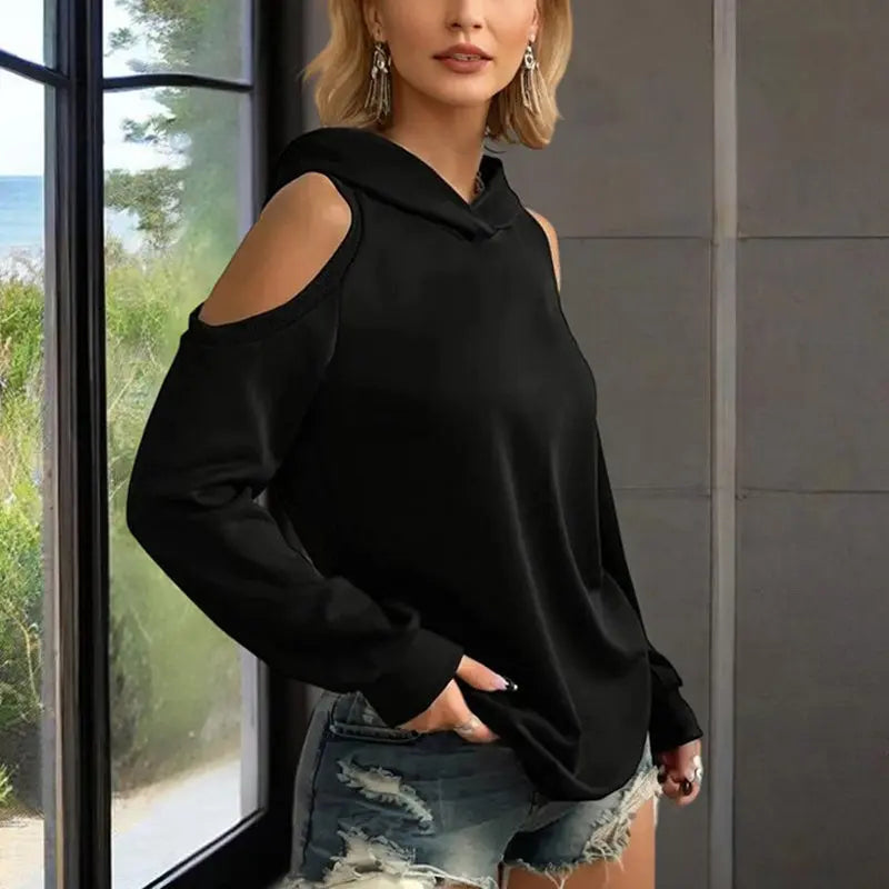 Women's Solid Color Long Sleeve Off-Shoulder Hoodie - Spring & Summer Fashion Casual Pullover Top Lady T Fashions