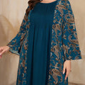 Women's Plus Size Bohemian Floral Printed Maxi Dress, Pleated Front Long Sleeve Crew Neck Loose Fit Lady T Fashions