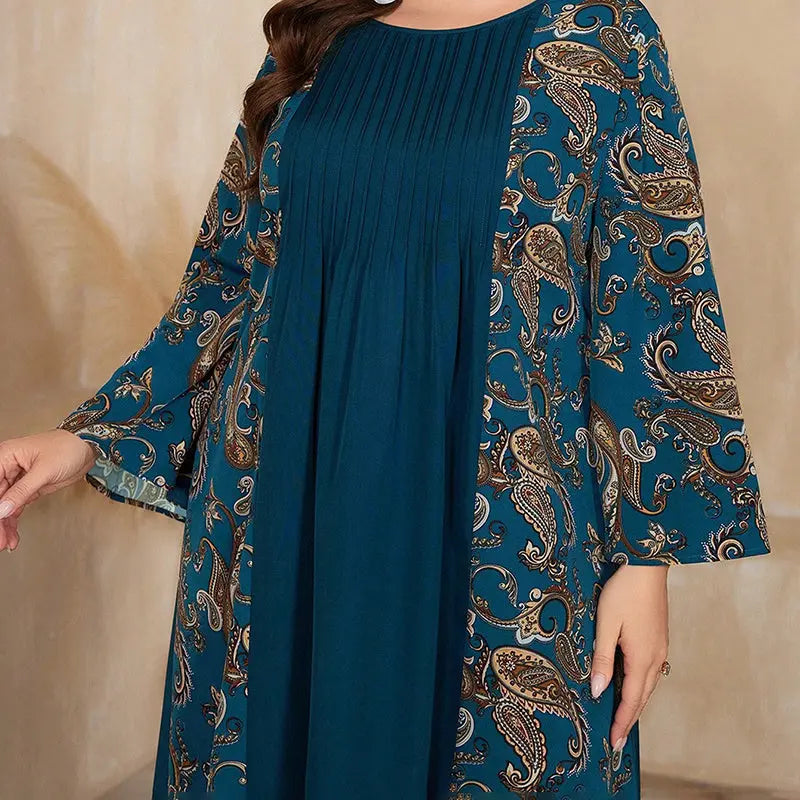 Women's Plus Size Bohemian Floral Printed Maxi Dress, Pleated Front Long Sleeve Crew Neck Loose Fit Lady T Fashions
