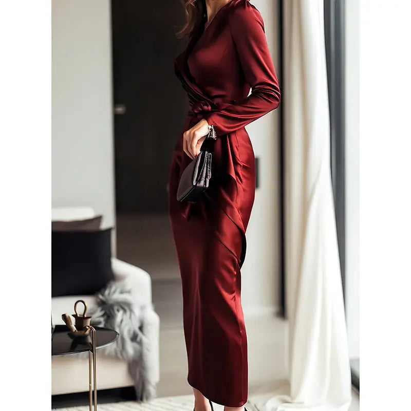 Women's Burgundy Satin Midi Dress Elegant V-Neck Long Sleeve Bodycon Dress With Belted Waist Lady T Fashions