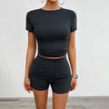 Solid Color Slim Sports Suit Summer 2Pcs Short-sleeved Round Neck T-shirt And Elastic Shorts Fashion Womens Clothing Lady T Fashions