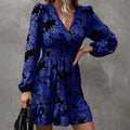 Women's Elegant Printed Lantern Sleeve A-Line Dress V-Neck, Ruffled Gathered Waist Detail, Flowy Midi Dress For Casual & Formal Occasions Lady T Fashions