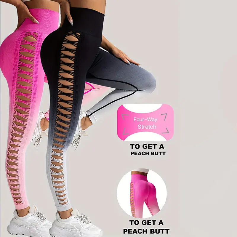 2 Pack Cut Out Ombre Gradient Color Hollow High-waist Butt-lifting Fitness Women's Yoga Pants, Women's High Waist Yoga Pants Cutout Ripped Super Soft And Comfortable Skinny Lady T Fashions