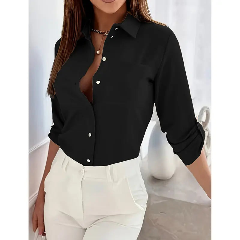 Womens Button Down Shirts V Neck Rolled Up Long Sleeve Tops Elegant Dressy Blouses Business Casual Outfits Lady T Fashions