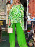 Summer New Colorful Chiffon Suit Casual Round Neck Printed Two-piece Suit Lady T Fashions