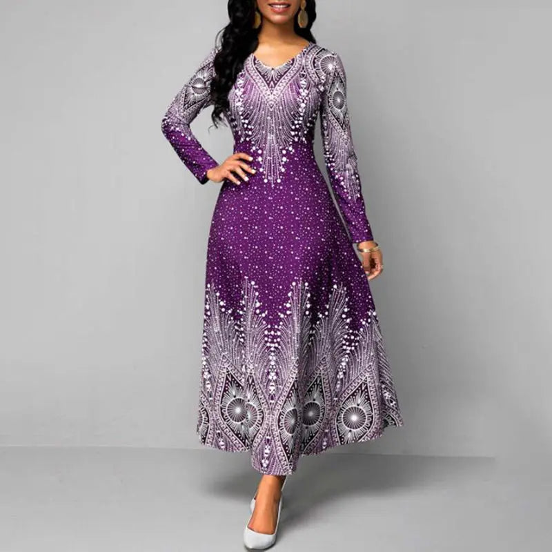 Women's Plus Size Elegant V-Neck Long Sleeve A-Line Dress With Starry Sky Print, Slim-Fit Flowy Maxi Dress For Holiday & Party Wear Lady T Fashions