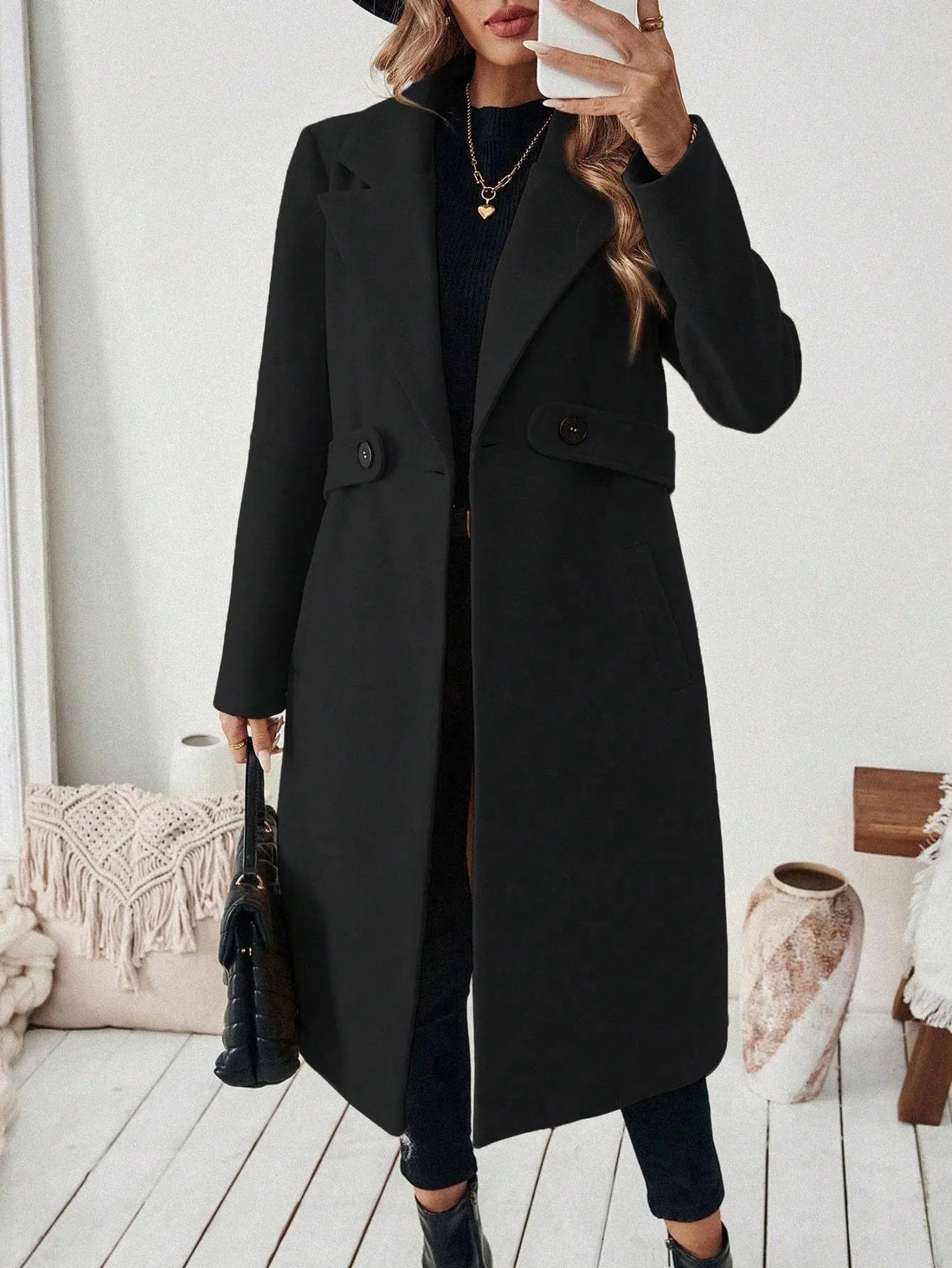 Flat Collar Solid Color Pocket With Belt Long Sleeve Autumn Winter Coat Jacket Lady T Fashions
