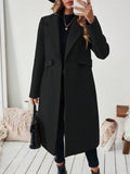 Flat Collar Solid Color Pocket With Belt Long Sleeve Autumn Winter Coat Jacket Lady T Fashions