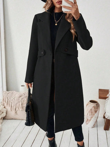 Flat Collar Solid Color Pocket With Belt Long Sleeve Autumn Winter Coat Jacket Lady T Fashions