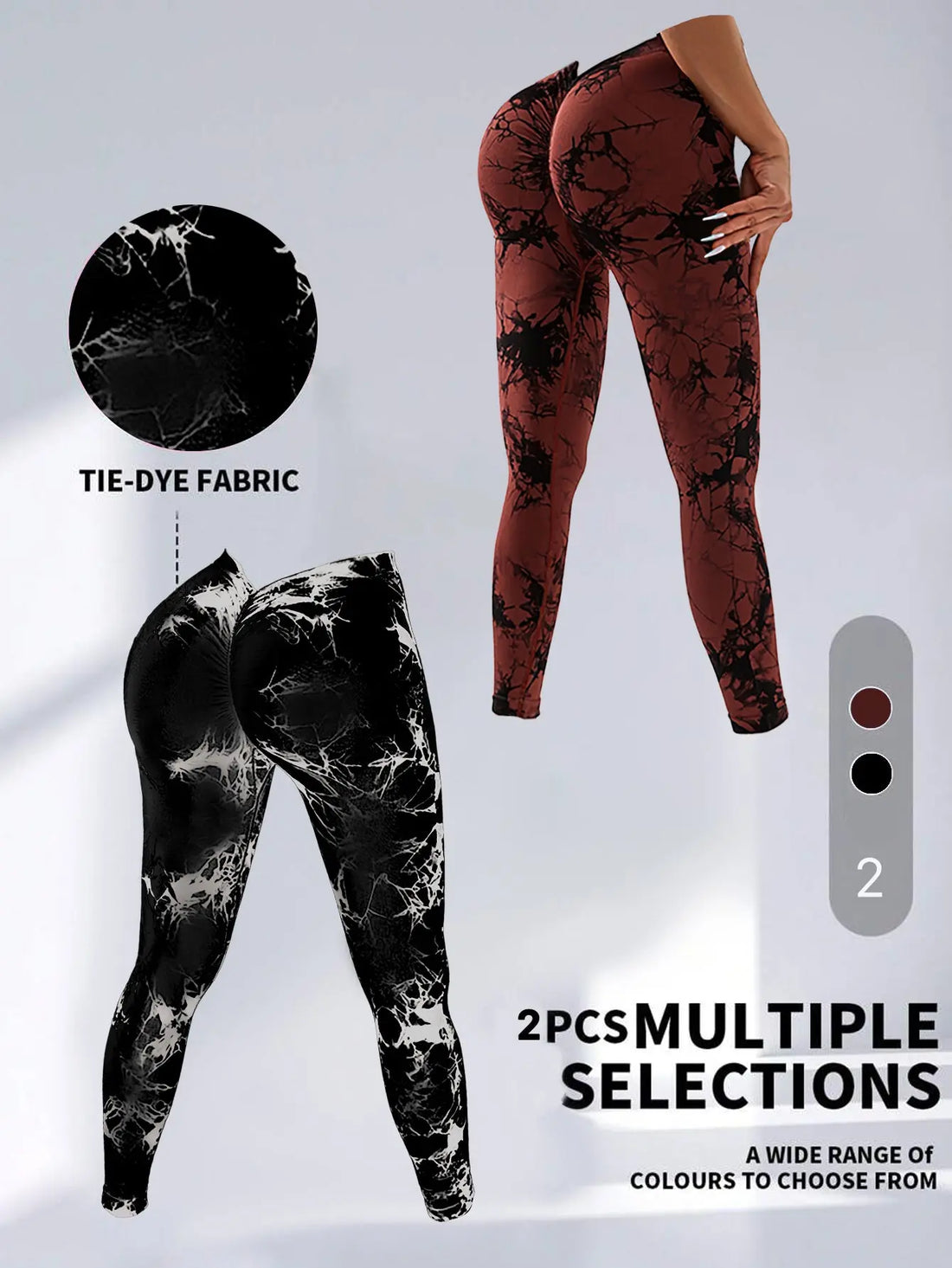 2 Pack Tie-Dye High Waist V-Back Yoga Leggings, Peach-Hip Enhancing Athleisure Tights, Sport Style Fitness Pants Lady T Fashions
