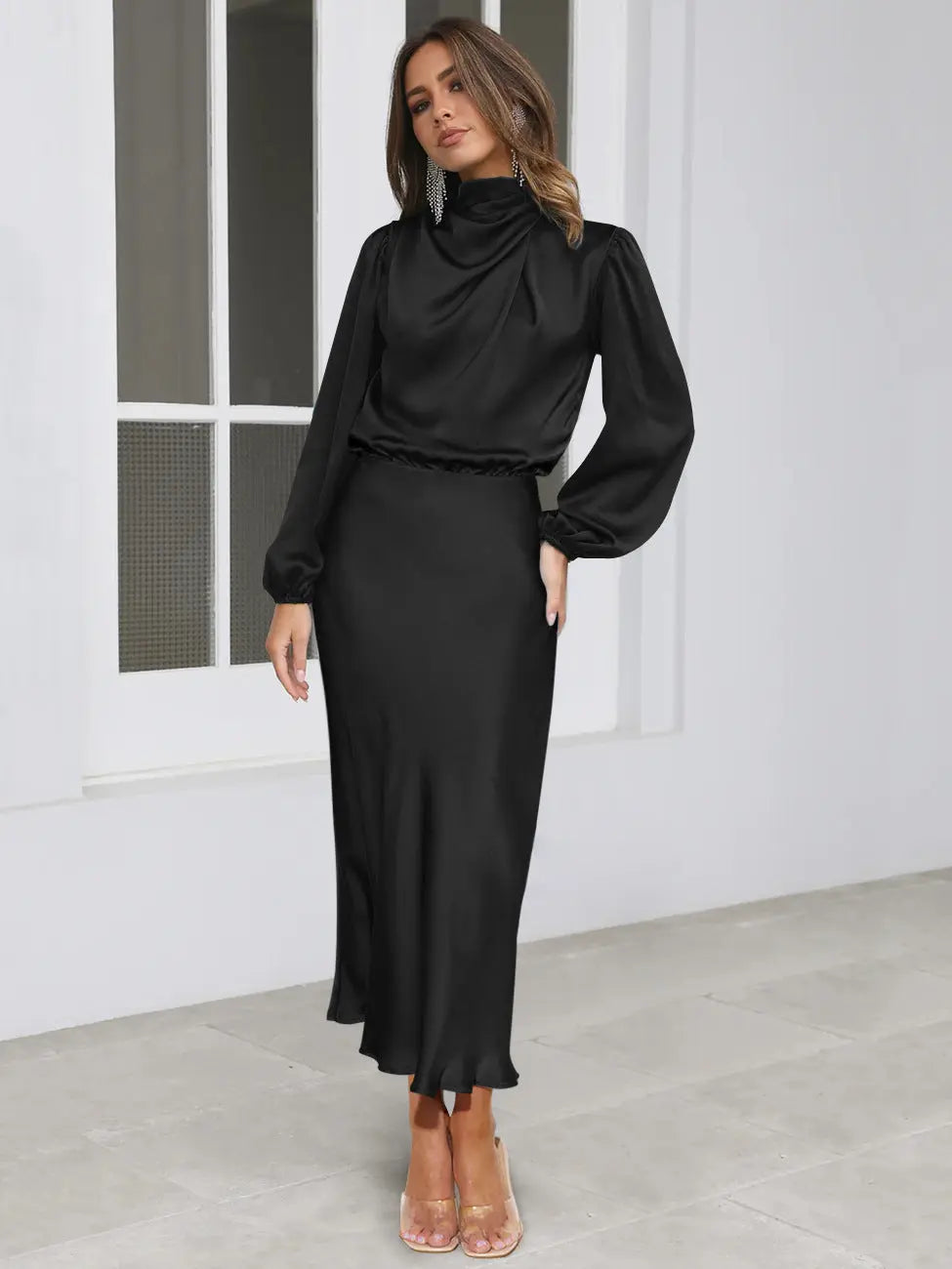 Dress Spring And Autumn Halterneck Long-sleeved Formal Dress Satin Elegant Lady Of Note Evening Dress Lady T Fashions