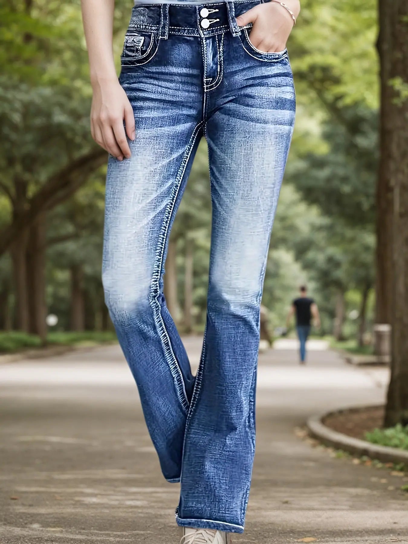 Women's Versatile And Fashionable Stretch Denim Bell Bottoms, Retro Street Style, Comfortable Embroidered Casual Jeans, Suitable For Daily Wear Lady T Fashions