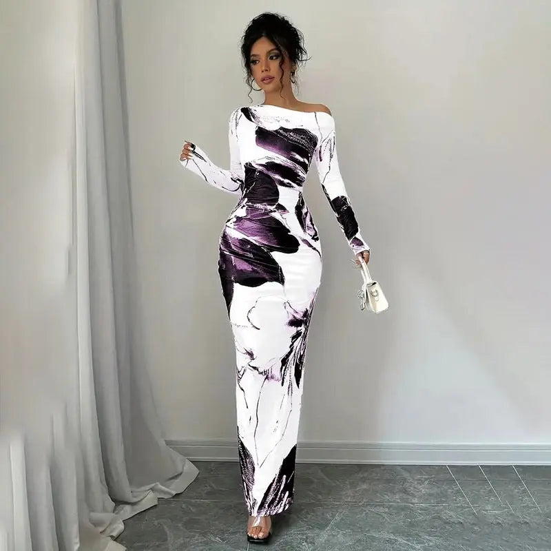 Women's Elegant Off-Shoulder Tie-Dye Floral Bodycon Dress Stretchy Season Party & Casual Dress Lady T Fashions