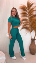 Round Neck Short Sleeve Straight Pants Sports Casual Suit Lady T Fashions
