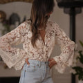 Women's Solid Color V-Neck Long Sleeve Blouse Floral Lace Embroidery Ruffled Neckline & Cuffs Drawstring Sleeves Button Front Semi-Sheer Elegant Summer Top Lady T Fashions