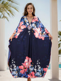 Plus Size Floral Print Dress - Elegant V-Neckline, Flowy Batwing Sleeves, Effortless Casual Style - Designed for Plus-Size Women, Ideal for Ramadan Celebrations and Everyday Wear Lady T Fashions
