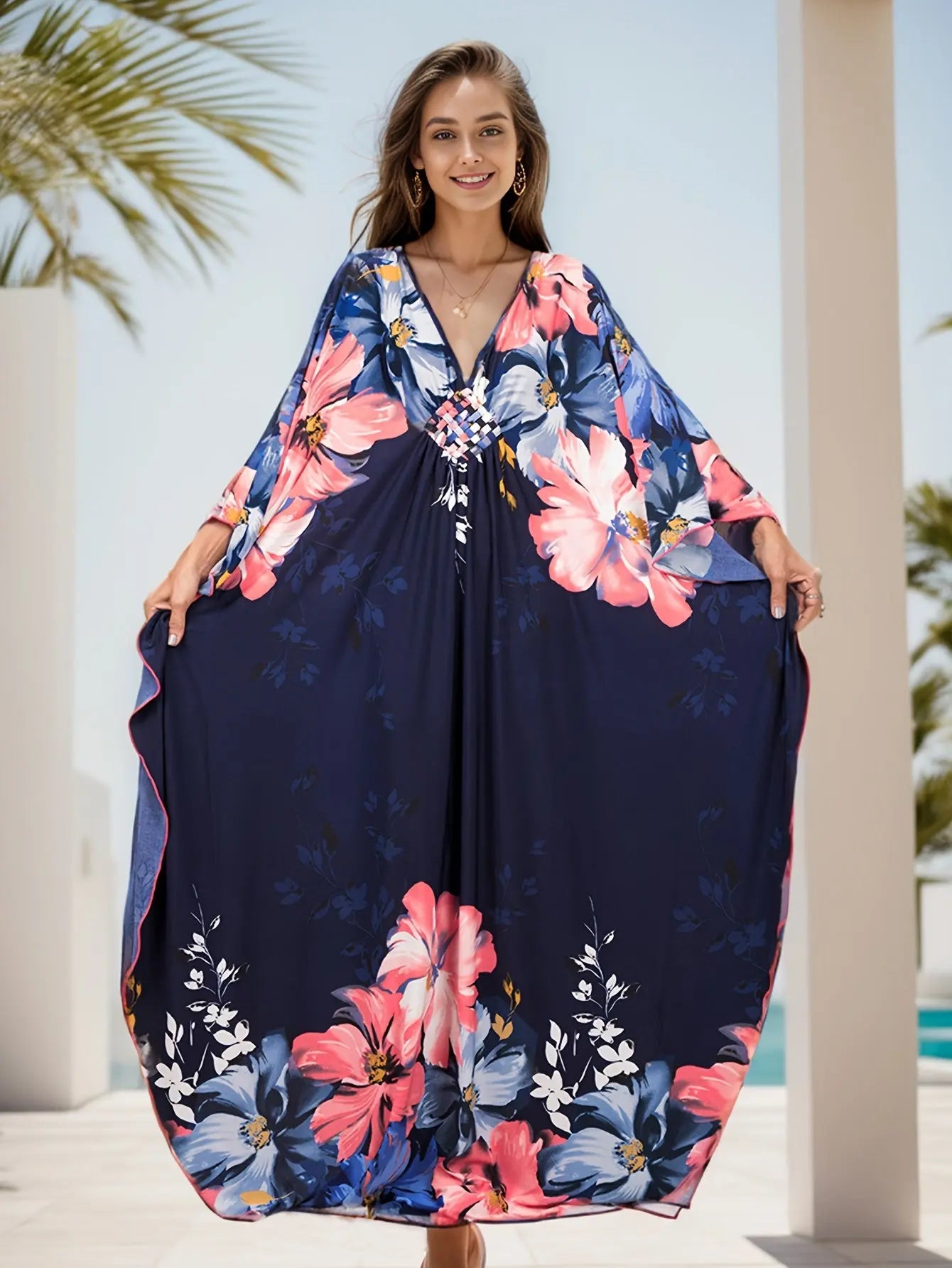 Plus Size Floral Print Dress - Elegant V-Neckline, Flowy Batwing Sleeves, Effortless Casual Style - Designed for Plus-Size Women, Ideal for Ramadan Celebrations and Everyday Wear Lady T Fashions