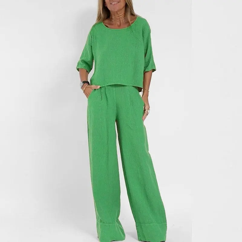Women's Cotton And Linen Casual Cropped Sleeves Wide-leg Pants Suit Lady T Fashions