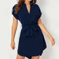 V-neck Short Sleeve Dress With Belt Summer Fashion Bowknot Dresses For Women Clothing Lady T Fashions