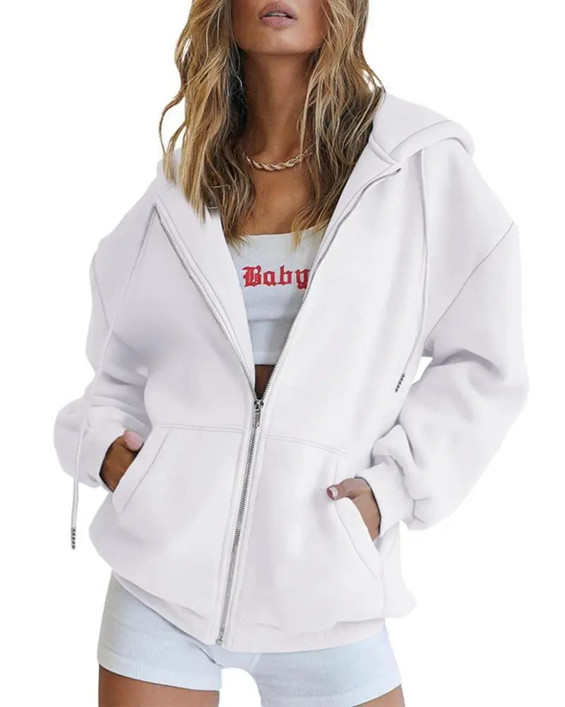 Women's Fashion Casual Solid Color Drawstring Zipper Hooded Sweatshirt Lady T Fashions