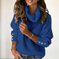 Women's Solid Color High-Neck Sweater - Button Cuff Detail, Cozy Fall&Winter Loose-Fit Top Lady T Fashions