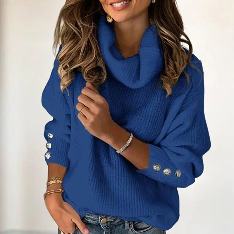 Women's Solid Color High-Neck Sweater - Button Cuff Detail, Cozy Fall&Winter Loose-Fit Top Lady T Fashions