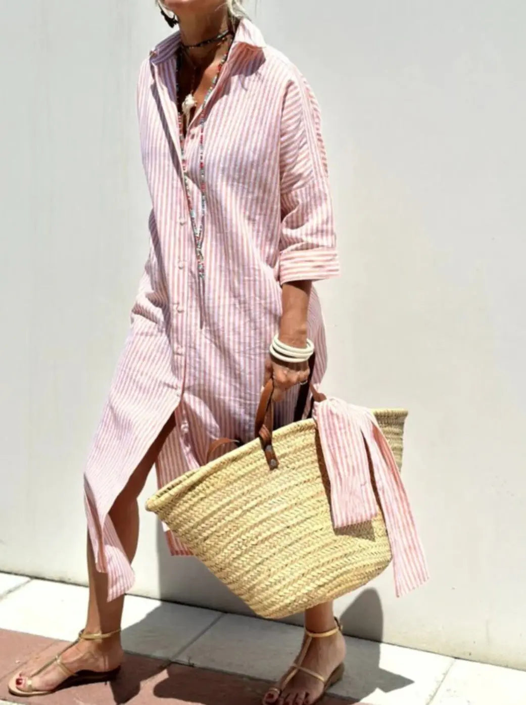 Striped Shirt Dress With Belt Fashion Half-sleeved Lapel Button Cardigan Dresses Women's Clothing Lady T Fashions