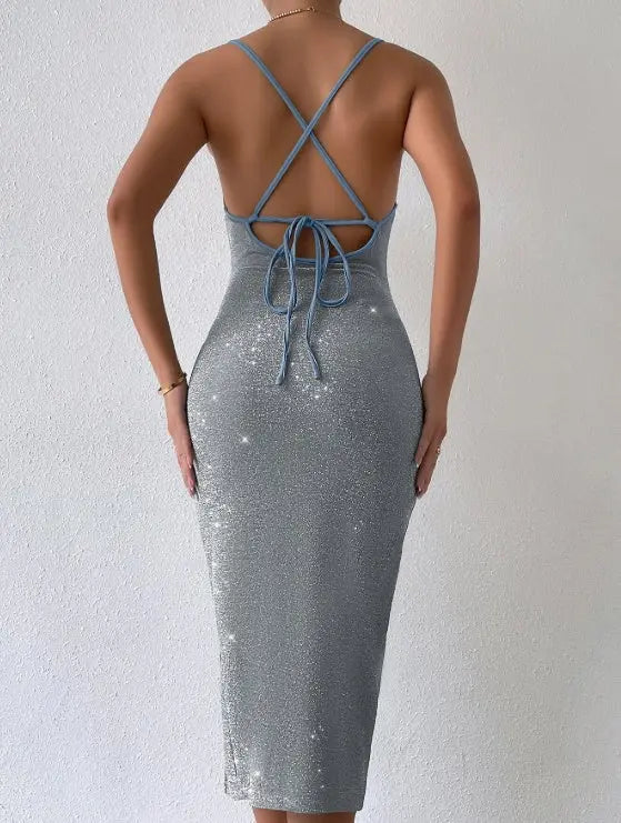 Women's Solid Color Bright Diamond Side Slit Suspender Dress Lady T Fashions