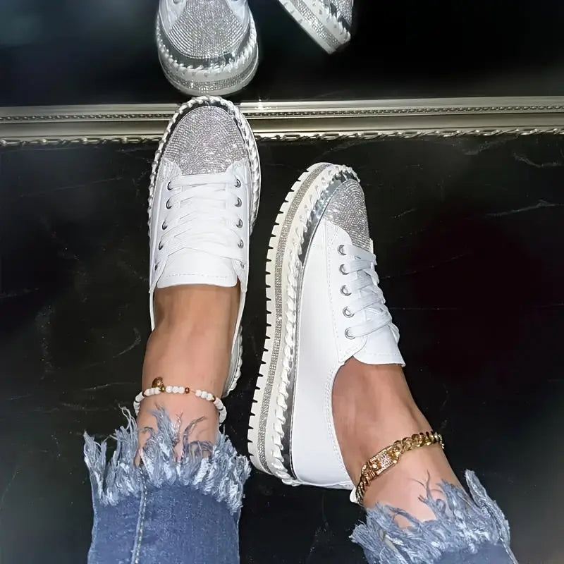 Comfortable Low Top Rhinestone Decor Sneakers - Casual Lace Up Outdoor Shoes for Plus Size Women Lady T Fashions