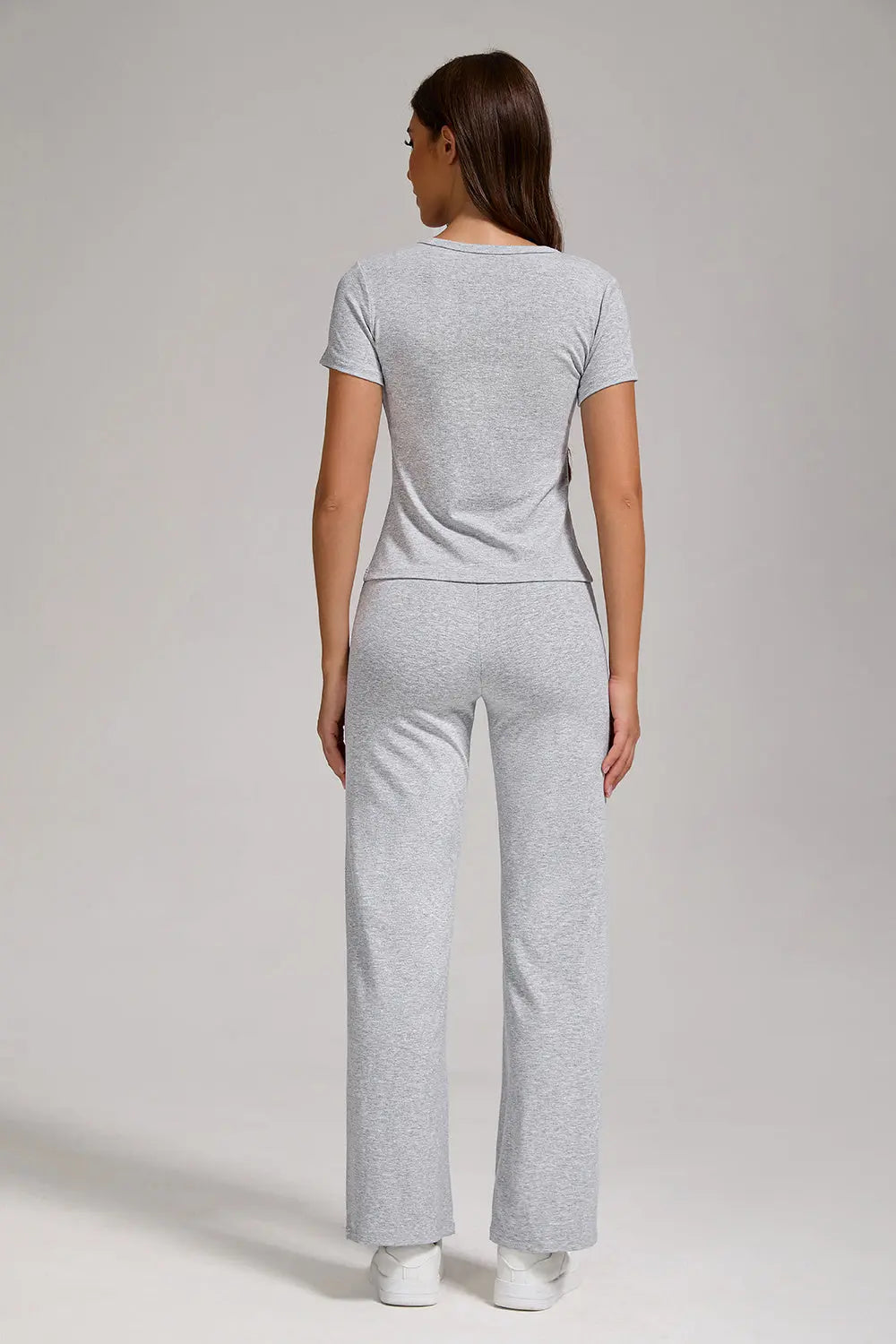 Women's Casual Sports Two-piece Set With V-neck Button, Short Sleeved, Low Waisted Flared Pants, Sportswear Lady T Fashions
