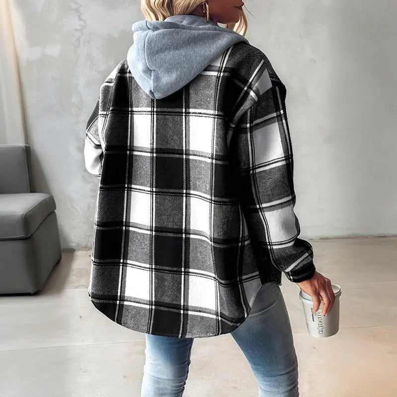 Women's Plaid Hoodie Long Sleeve Jacket Button Drawstring Casual Fall Shirts Shacket With Pocket Lady T Fashions