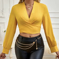 Ladies' New Elegant Wrapped V-neck Long Sleeved Solid Color Shirt Top Lady T Fashions