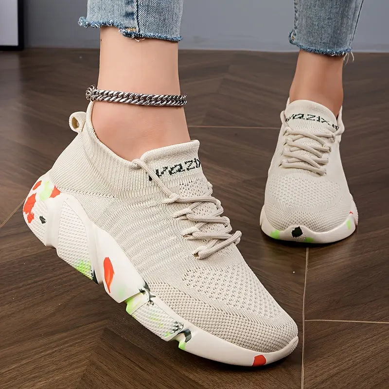 Women's Breathable Flying Woven Sneakers, Casual Lace Up Outdoor Shoes, Lightweight Low Top Trainers Lady T Fashions