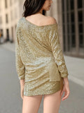 Vibrant Bodycon V-Neck Long Sleeve Sequin Dress - Shimmering Contrast Details, Mid-Elastic Polyester Fabric, Sexy Party Wear For Women - All-Season, No Sheer, Knit Fabric Construction Lady T Fashions
