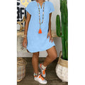 Womens Summer Casual Solid Color V Neck Short Sleeve Dresses Boho Beach Sundresses Lady T Fashions
