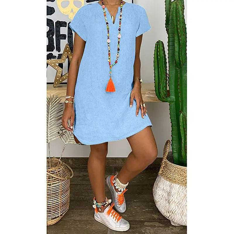 Womens Summer Casual Solid Color V Neck Short Sleeve Dresses Boho Beach Sundresses Lady T Fashions