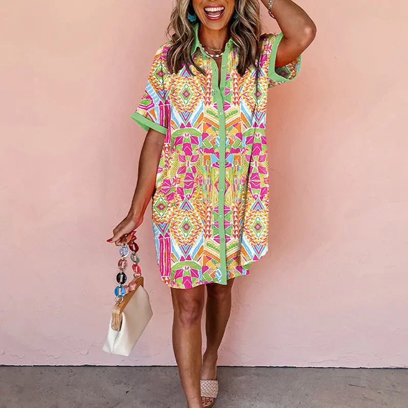 Women's Loose Fit Geometric Print Short Sleeve Dress - Casual Summer Button Front Dress, Comfortable & Stylish Lady T Fashions