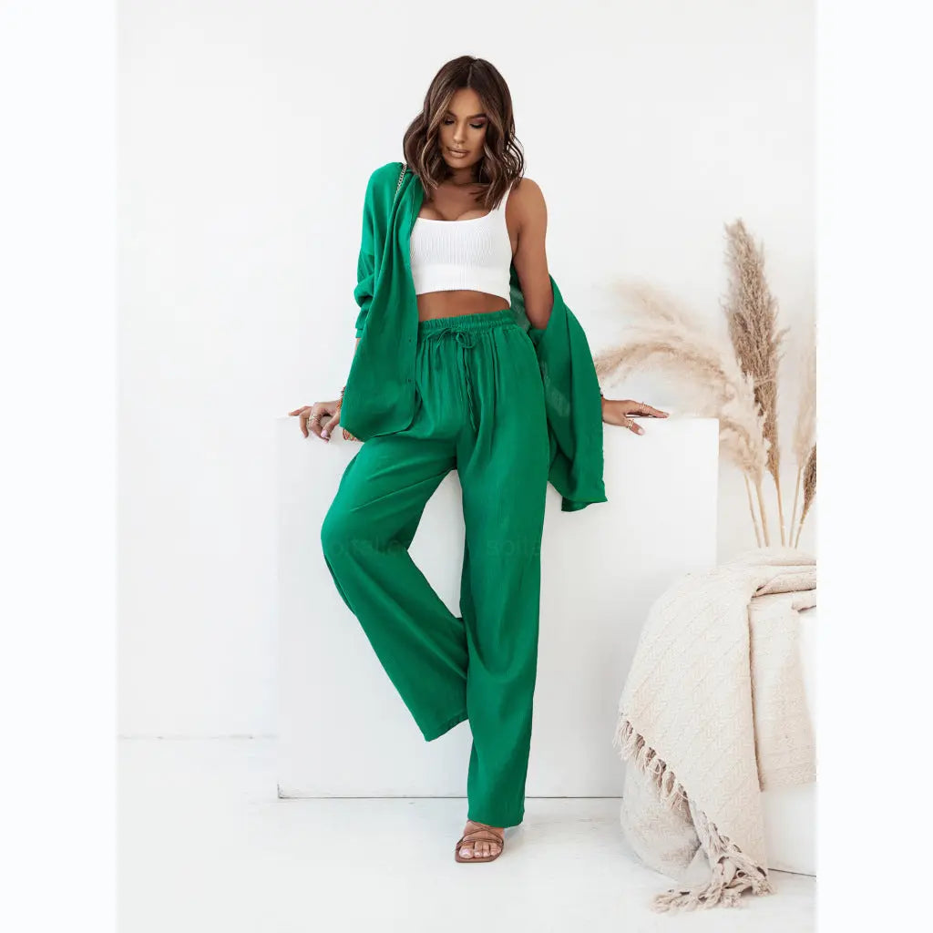 European And American Ins Style Solid Color Leisure Fashion Long Sleeve Blouse And Pants Lady T Fashions