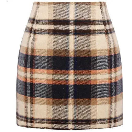 Women's High Waist Plaid Tight Pencil Wool Mini Skirt Lady T Fashions