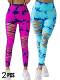2 Pack New Style Hollow-Out Tie-Dye High-Waisted Tummy-Control Yoga Pants Lady T Fashions