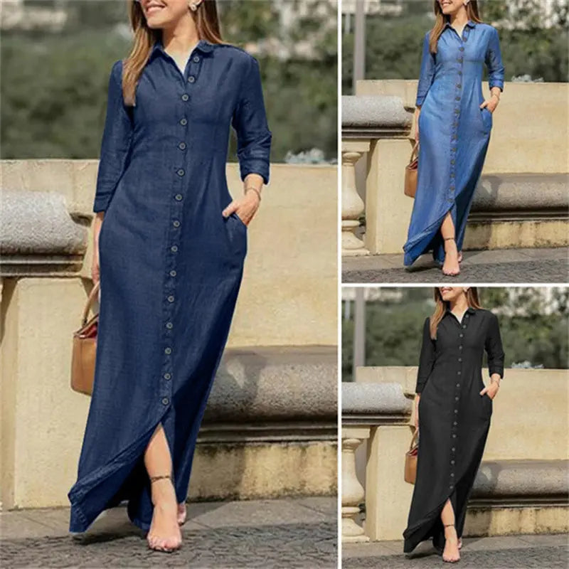 Womens Casual Button Down Denim Maxi Dress Long Sleeve Long Jean Dresses With Pockets Lady T Fashions