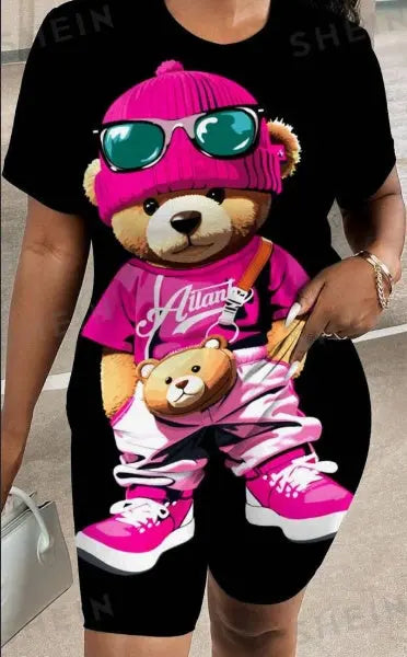 Casual Printed Cute Bear Pattern 2pcs Set For Women, Suitable For Summer Lady T Fashions