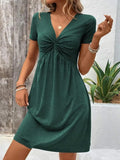 Color Cotton Short Sleeve V-neck Design Chest Twist Waist Dress Lady T Fashions