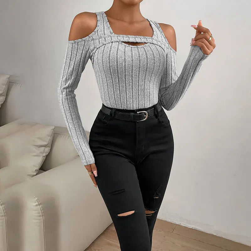 Women's Ribbed Long Sleeve Top Cut Out Front Detail Fitted Sexy Tee Casual Dressy T-Shirt Tops Lady T Fashions