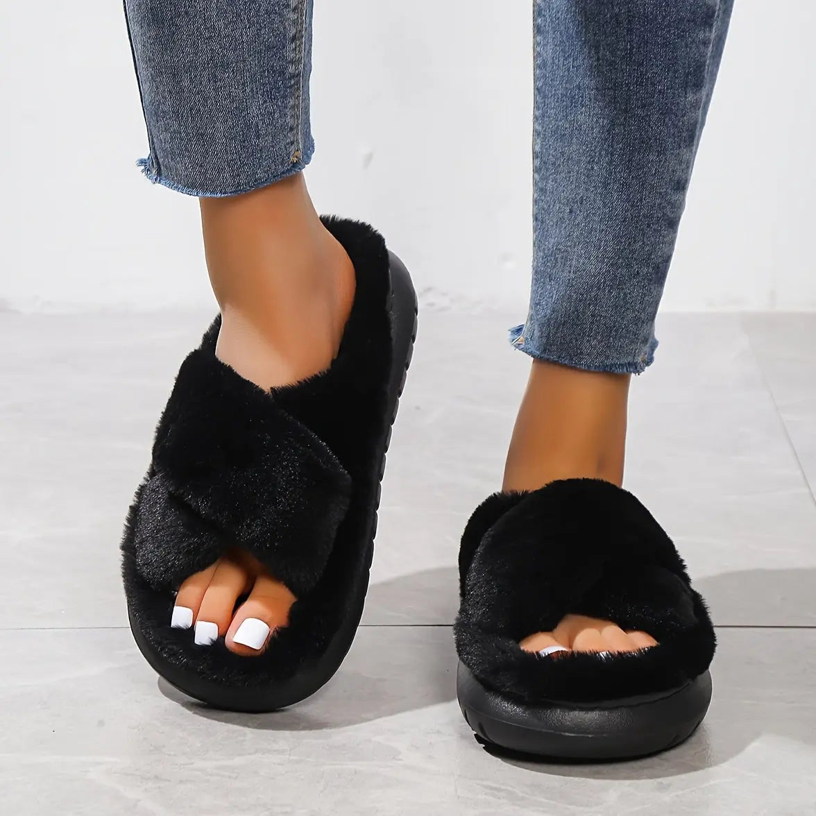 Women's Platform Fuzzy House Slippers, Open Toe Criss Cross Solid Color Casual Home Slides, Women's Indoor Flat Comfy Shoes Lady T Fashions