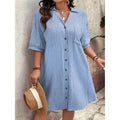 Womens Cotton Shirt Dress Summer Casual Short Sleeve Button Down V Neck Loose Mini Dress With Pockets Lady T Fashions