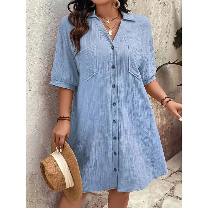 Womens Cotton Shirt Dress Summer Casual Short Sleeve Button Down V Neck Loose Mini Dress With Pockets Lady T Fashions