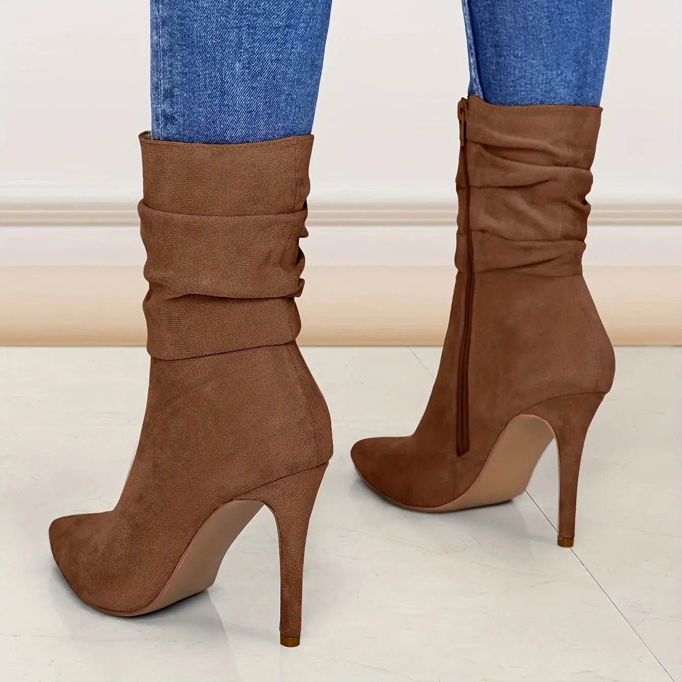Women's Mid-Calf Boots, Plain Fashionable Boots with Zipper for Comfort and Casual Wear, Round Toe in the Middle of Calf Lady T Fashions