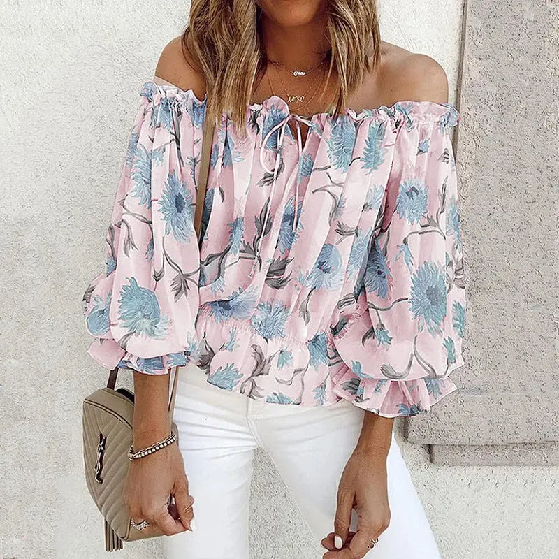 Womens Summer Off Shoulder Blouse Floral Print Ruffle Sleeve Casual Chiffon Tops Shirts Lady T Fashions