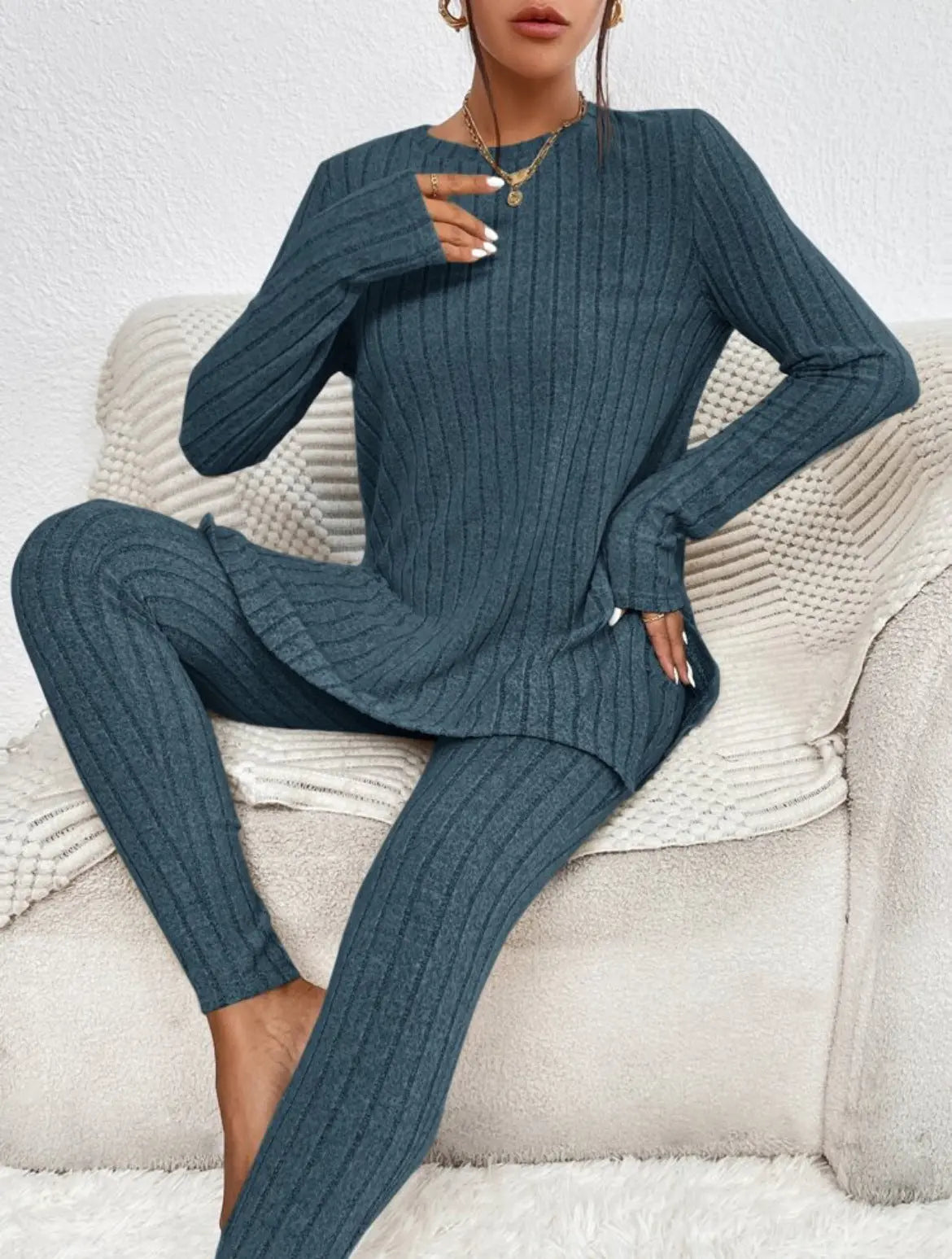 Fashion Casual Long Sleeve Split Irregular Round-neck Shirt Trousers Suit Lady T Fashions